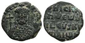 Nicephorus II Phocas, 963-969 AD. AE, Follis. 4.06 g. 21.82 mm. Constantinople.
Obv: NICIFR bASIL RW.
Facing bust of Nicephorus II Phocas, bearded, ...