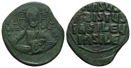 Anonymous Follis, Class A2. Basil II and Constantine VIII, 976-1025 AD. AE, Follis. 7.90 g. 29.07 mm. Constantinopolis.
Obv: +ЄM[MANOЧHΛ]. Nimbate bu...