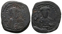 Constantine X Ducas 1059-1067 AD. AE, Follis. 7.96 g. 28.57 mm. Constantinople.
Obv: +EMMA NOVHA / IC XC. Bust of Christ facing, wearing nimbus cross...