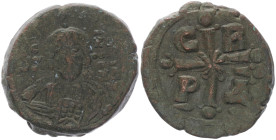 Romanus IV Diogenes, 1068-1071 AD. AE, Follis. 9.74 g. 27.80 mm. Constantinople. 
Obv: IC XC over [NI KA] to left and right of bust of Christ facing, ...