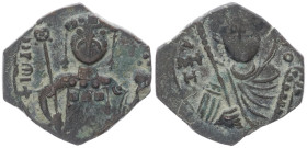 John II Comnenus 1118-1143 AD. AE, Half tetarteron. 1.54 g. 15.94 mm.
Obv: IⲰ ΔЄC[ΠΟΤ] Half-length bust of John II Comnenus facing, wearing loros, hol...