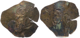 Manuel I Comnenus, 1143-1180 AD. 1.88 g. 25.84 mm. Billon Aspron Trachy. Constantinople.
Obv: IC-XC to left and right of Christ bearded and nimbate, w...