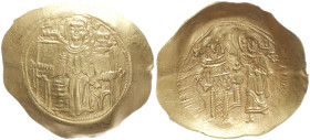 Andronicus I Comnenus, 1183-1185 AD. AV Hyperpyron. 4.19 g. 29.32 mm. Constantinople. Obv: MHP-ΘV to left and right of Mary, nimbate, seated facing, h...
