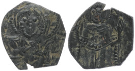 Latin Rulers of Constantinople. 1204-1261 AD AE, Trachy. 1.15 g. 18.02 mm. Constantinople.
Obv: Christ Pantokrator seated facing on throne.
Rev: The V...