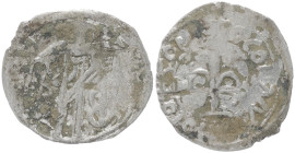 Andronicus II Palaeologus 1282-1328 AD. 0.67 g. 19.83 mm. BI, Tornese. Constantinople.
Obv: Andronicus standing facing, holding cross-tipped scepter ...