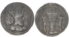 Sasanian King. Shapur I, 241-272 AD. AR, Drachm. 4.13 g. 27.28 mm.
Obv: Bust to right, wearing diadem and mural crown with korymbos and earflaps
Rev: ...
