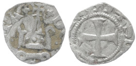 Crusaders, Principality of Achaea. Philippe de Savoy 1301-1307 AD. Bl, Denier. 0.41 g. 13.95 mm. 
Obv: + DE [CLARENC]IA around Castle Tournois.
Rev: C...