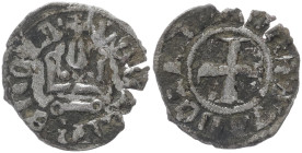 Crusaders, Principality of Achaea. Philippe de Savoy (?) 1301-1307 AD. Bl, Denier. 0.72 g. 18.64 mm.
Obv: + DE [CLARENC]IA around Castle Tournois.
Rev...