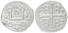 Crusaders, Mytilene (Lordship). Francesco I Gattilusio 1355-1384 AD. Bl, Denaro. 0.74 g. 12.13 mm.
Obv: Castle Tournois.
Rev: Palaeologan tetragramm...
