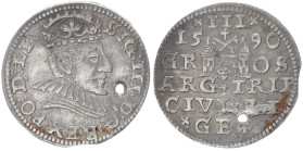Poland, Kingdom. Livonia (Duchy). Sigismund III Vasa, 1587-1632 AD. AR, Thaler, 3 Grossus. 2.21 g. 22.05 mm. Riga, 1590.
Obv: SIG III D G REX PO D LI....
