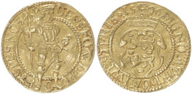 Low Countries. West-Friesland. 1592. Gold, Ducat. 3.49 g. 21.96 mm.
Obv: DEVS FORTITVDO ET SPES NOS. Knight standing facing, holding axe and sceptre....