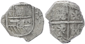 Spain. Bl, 2 reales. 6.03 g. 21.50 mm.
Obverse: Crowned arms.
Reverse: Cross with castles and lions in angles, in octolobe. Legend with date around.
F...