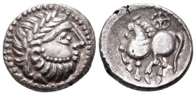 EASTERN CELTS. Imitations of Philip II of Macedon, 2nd-1st centuries BC. Drachm (Silver, 13 mm, 2.35 g, 12 h), 'Kugelwange' type. Stylized laureate he...