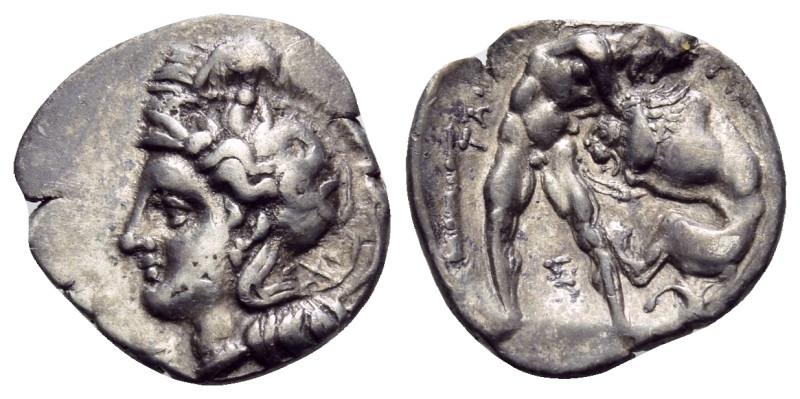 CALABRIA. Tarentum. Circa 380-325 BC. Diobol (Silver, 13 mm, 1.15 g, 4 h). Head ...