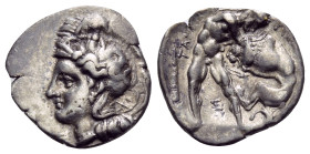 CALABRIA. Tarentum. Circa 380-325 BC. Diobol (Silver, 13 mm, 1.15 g, 4 h). Head of Athena to left, wearing crested Attic helmet the bowl of which is d...