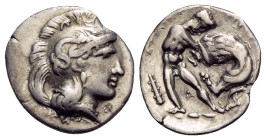 CALABRIA. Tarentum. Circa 380-325 BC. Diobol (Silver, 13 mm, 1.11 g, 6 h). Head of Athena to right, wearing crested Attic helmet the bowl of which is ...