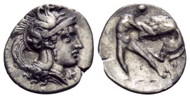 CALABRIA. Tarentum. Circa 380-325 BC. Diobol (Silver, 13 mm, 1.11 g, 11 h). Head of Athena to right, wearing crested Attic helmet the bowl of which is...