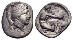 CALABRIA. Tarentum. Circa 325-280 BC. Diobol (Silver, 12.5 mm, 1.18 g, 5 h). Head of Athena to right, wearing crested Attic helmet the bowl of which i...