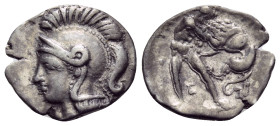 CALABRIA. Tarentum. Circa 325-280 BC. Diobol (Silver, 14 mm, 1.05 g, 12 h). Head of Athena to left, wearing crested Attic helmet. Rev. TAP[...] Herakl...
