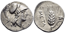 LUCANIA. Metapontion. Punic occupation, circa 215-207 BC. 1/2 Shekel (Silver, 20,5 mm, 3.77 g, 10 h). Head of Athena to right, wearing crested Corinth...