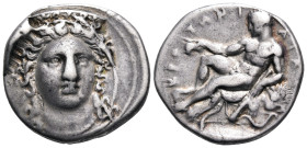BRUTTIUM. Kroton. Circa 400-325 BC. Nomos (Silver, 21.5 mm, 7.75 g, 12 h). Head of Hera Lakinia facing, head turned slightly to the right, wearing ste...