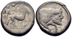 SICILY. Gela. Circa 480/75-475/70 BC. Tetradrachm (Silver, 25 mm, 17.30 g, 1 h). Charioteer, holding kentron in right hand and reins in left, driving ...