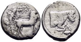 SICILY. Gela. Circa 430-425 BC. Tetradrachm (Silver, 26 mm, 17.22 g, 1 h). Charioteer, holding reins in right hand and kentron in left, driving slow q...