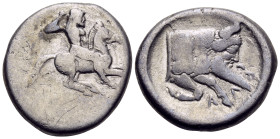 SICILY. Gela. Circa 490/85-480/75 BC. Didrachm (Silver, 21,5 mm, 8.19 g, 9 h). Bearded horseman, nude but for a helmet, riding to right, brandishing s...