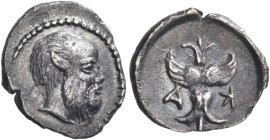 SICILY. Katane. Circa 450-415/3 BC. Hemilitron (Silver, 10.5 mm, 0.37 g, 5 h). Bearded and partially bald head of Silenos to right. Rev. K-A ( retrogr...