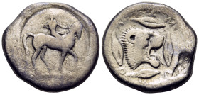SICILY. Leontinoi. Circa 476-466 BC. Didrachm (Silver, 20 mm, 7.98 g, 11 h). Nude youth on horse walking to right. Rev. ΛΕΟΝΤΙΝ-Ο-Ν Head of roaring li...