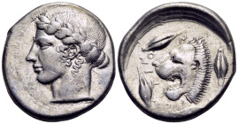 SICILY. Leontinoi. Circa 450-440 BC. Tetradrachm (Silver, 27 mm, 17.08 g, 11 h). Laureate head of Apollo to left. Rev. Λ-ΕΟ-ΝΤΙΝ-Ο-Ν Head of roaring l...
