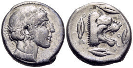 SICILY. Leontinoi. Circa 450-440 BC. Tetradrachm (Silver, 26 mm, 17.33 g, 2 h). Laureate head of Apollo to right. Rev. ΛΕ-Ο-ΝΤ-ΙΝ-ΟΝ Head of roaring l...