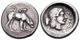 SICILY. Segesta. Circa 475/70-455/50 BC. Didrachm (Silver, 21 mm, 8.32 g, 10 h). Hound, the river-god Krimisos, standing to right. Rev. ΣΑΤΕΣΖΑΖΙΒ ( s...