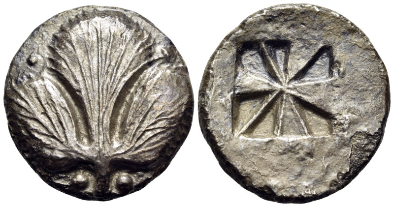 SICILY. Selinos. Circa 540-515 BC. Didrachm (Silver, 22 mm, 7.54 g). Selinon lea...