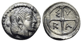 SICILY. Syracuse. Deinomenid Tyranny, 485-466 BC. Litra (Silver, 9,5 mm, 0.59 g, 11 h). Diademed head of Arethusa to right. Rev. Σ-Y/R-A in the angles...