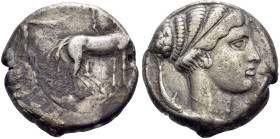 SICILY. Syracuse. 466-405 BC. Tetradrachm (Silver, 24 mm, 17.14 g, 11 h). Charioteer driving quadriga walking to right, holding reins in both hands; a...