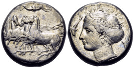 SICILY. Syracuse. Second Democracy, 466-405 BC. Tetradrachm (Silver, 23 mm, 17.97 g, 12 h). Charioteer, holding reins in both hands and kentron in rig...