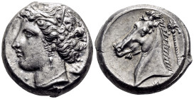 SICILY, Siculo-Punic. Entella. Circa 320/15-300 BC. Tetradrachm (Silver, 24 mm, 17.32 g, 9 h). Head of Arethusa left, wreathed with grain ears, wearin...