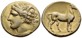 CARTHAGE. Carthage. Circa 290-270 BC. Stater (Electrum, 19 mm, 7.47 g, 12 h). Head of Tanit to left, wearing grain wreath, triple pendant earring and ...
