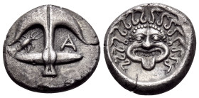 THRACE. Apollonia Pontika. late 5th-4th centuries BC. Drachm (Silver, 15 mm, 3.37 g, 2 h). Upright anchor; crayfish to left, A to right. Rev. Facing g...