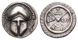 THRACE. Mesembria. Circa 4th Century BC. Diobol (Silver, 11 mm, 1.07 g, 6 h). Facing crested Corinthian helmet. Rev. META within radiate wheel of four...
