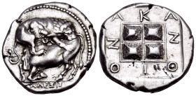 MACEDON. Akanthos. Circa 430-390 BC. Tetradrachm (Silver, 25 mm, 13.93 g, 7 h), struck under the magistrate Alexis. ΑΛΕΞΙΣ Lion to right, attacking bu...
