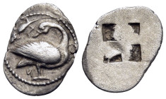 MACEDON. Eion. Circa 460-400 BC. Trihemiobol (Silver, 13 mm, 0.90 g). Goose standing to right, head turned back to left; above, lizard to left; below ...