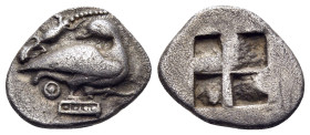 MACEDON. Eion. Circa 470-460 BC. Trihemiobol (Silver, 12 mm, 0.94 g). Goose standing to right on decorated base, turning head to left to face a lizard...
