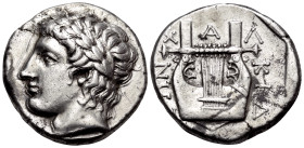 MACEDON, Chalkidian League. Olynthos. Circa 395-392 BC. Tetradrachm (Silver, 24 mm, 14.42 g, 8 h). Laureate head of Apollo to left, some strands of ha...
