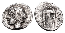 MACEDON, Chalkidian League. Olynthos. Circa 432-348 BC. Hemiobol (Silver, 8 mm, 0.28 g, 5 h), circa 417-412. Laureate head of Apollo to left. Rev. ΧΑΛ...