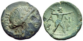 EPEIROS. Ambrakia. Circa 238-168 BC. (Bronze, 21 mm, 3.90 g, 1 h). [AΛ]ΛΩΝ Laureate head of Apollo to right. Rev. A-M/B-P Zeus advancing right, prepar...