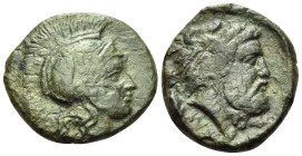 AKARNANIA. Alyzeia. Circa 330-280 BC. (Bronze, 18.5 mm, 4.43 g, 3 h). Head of Athena to right, wearing crested Attic helmet. Rev. ΑΛΥ-[ΖΑΙΩΝ] Head of ...