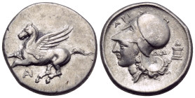 AKARNANIA. Anaktorion. Circa 320-280 BC. Stater (Silver, 22.5 mm, 8.47 g, 1 h). Pegasos flying left; below, monogram of AN. Rev. Head of Athena to lef...
