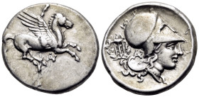 AKARNANIA. Anaktorion. Circa 350-300 BC. Stater (Silver, 22 mm, 8.54 g, 9 h). Pegasos flying right; below, monogram of AN. Rev. Head of Athena to righ...